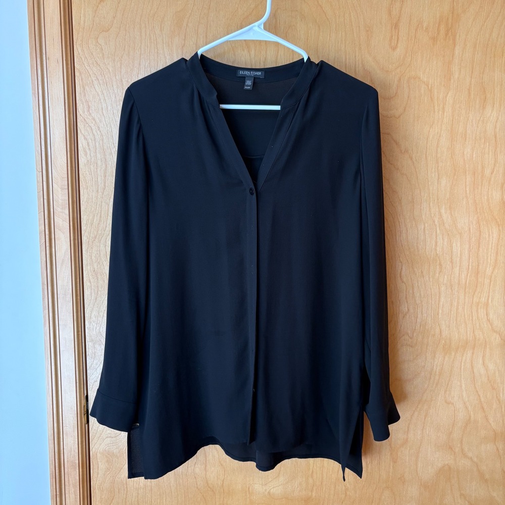 Eileen Fisher Silk Georgette Blouse Women PS Black Mandarin Collar Long Sleeve